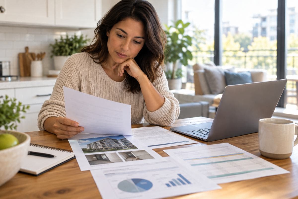 Homebuyer reviewing condominium records at a kitchen table